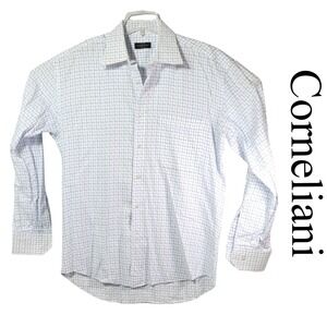Corneliani Dress Shirt Mens 17/43 Blue White Cotton Grid Check Italy Designer